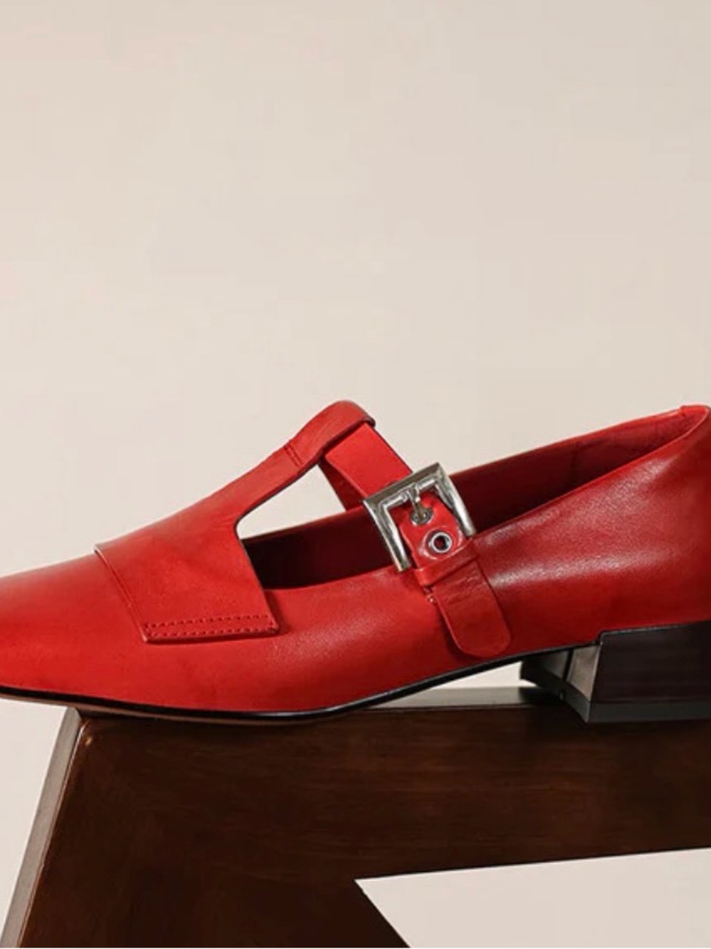 Hand Stitched Leather Women’s Red Mary Jane Buckle Low Heel Shoes - Picture 6 of 7